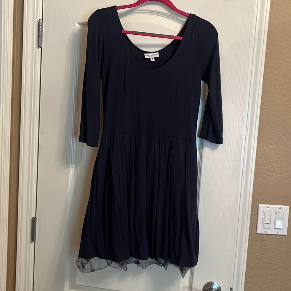 Navy blue Contrarion New York dress, with black tule detailing at bottom